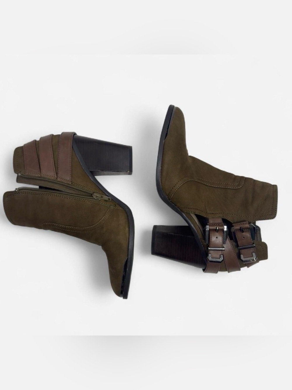 Women's Olive Suede Ankle Boots with Buckle Detail